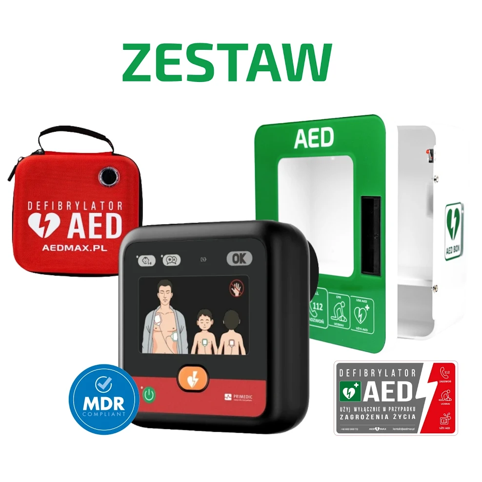 ZESTAW: Defibrylator AED Primedic myPAD + szafka + tablica
